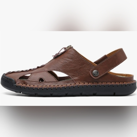 Men\'s Brown Leather Fisherman Sandal Shoes Adjustable Easy On /Off Sz.13 main image 7